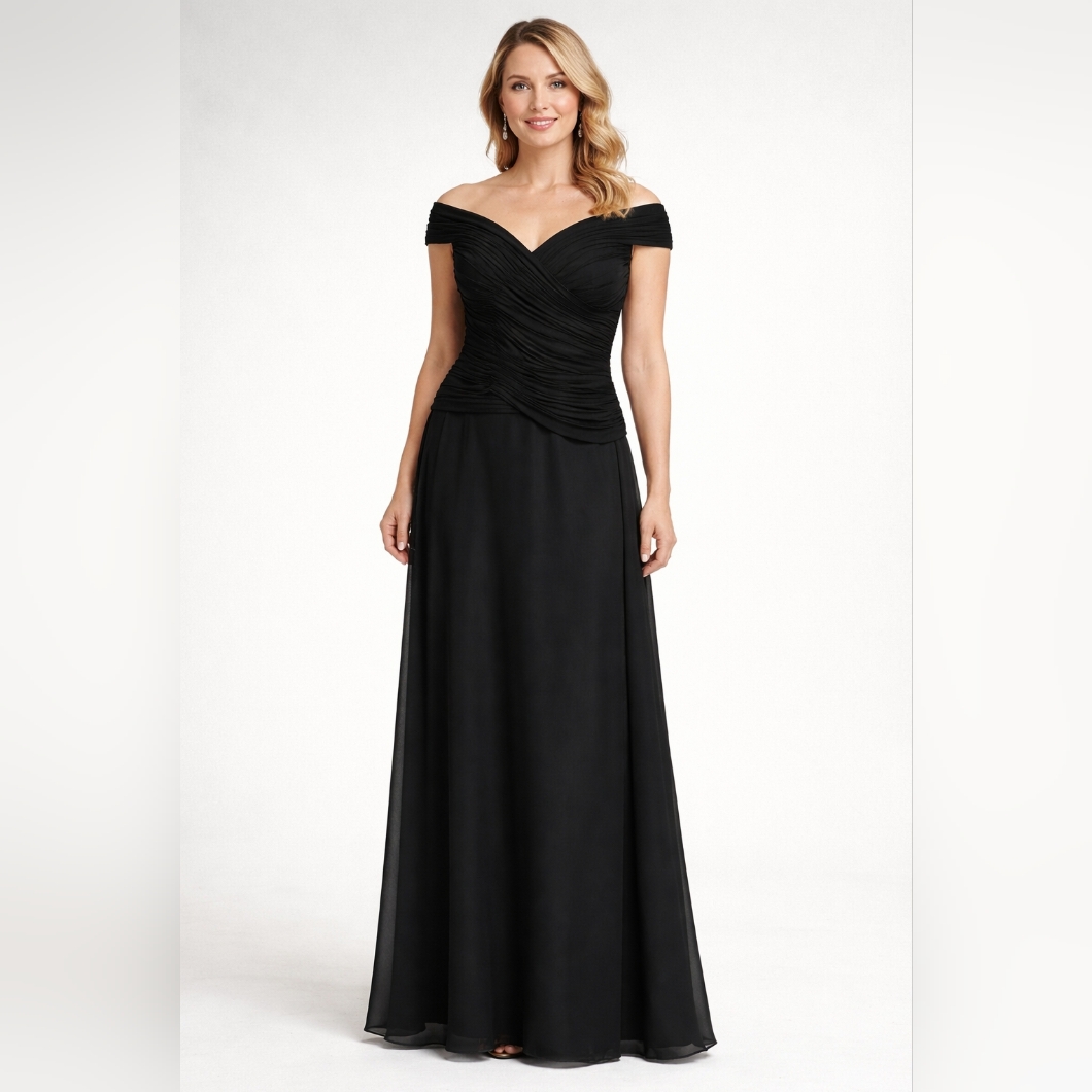 Size 6 Black Mother Of /Evening Gown Slight Off Shoulder Ruched Chiffon Trumpet
